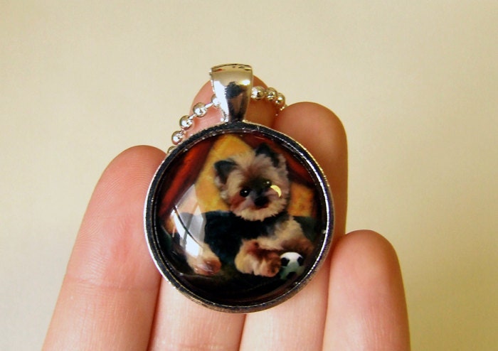 Yorkie Dog Art Necklace "Tia" Round Glass Necklace 1" - Puppy Dog Portrait - Jessica Grundy Artwork