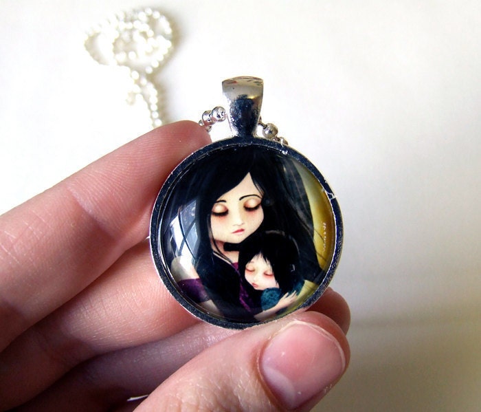 Art Necklace "Goodnight Baby" Round 1" Pendant with Chain - Detailed Print of Original Artwork Set Under Real Glass