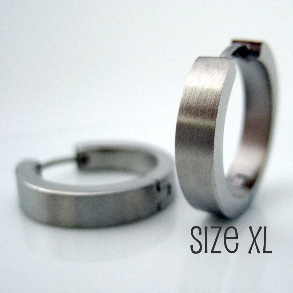 Silver Mens Earrings Hoop - Stainless Steel - Brushed matte finish - Industrial masculine look (Extra Large 19mm) (no.195)