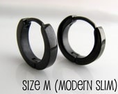 Mens Earrings Black Huggie Hoop - Ear Cartilage Piercing - Guys Cyber Corp Gothic Punk Rock - Stainless Steel - Medium Slim POLISHED no.136
