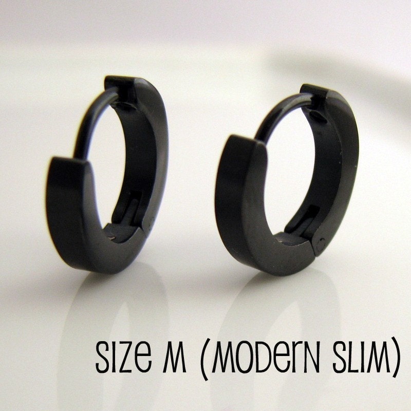 Mens Earrings Black Huggie Hoop - Ear Cartilage Piercing - Guys Cyber Corp Gothic Punk Rock - Stainless Steel - Medium Slim MATTE no.133