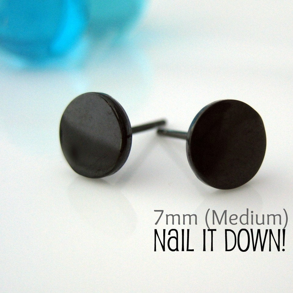 Mens Earrings Black Stud - Earrings for Men ...Nail It Down...Black Stainless Steel Disc ... Goth or Gothic Style Earrings (no.420A)