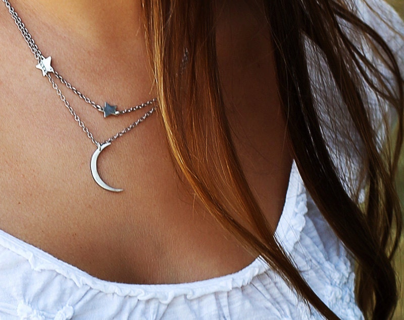 Mini Crescent Moon and Stars Necklace- Handcut Modern Silver Crescent Moon Shape with Three Tiny Stars