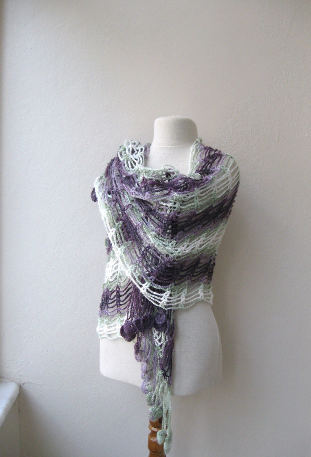Hand crochet rectangle lace shawl stole mohair yarn multicolor Fall fashion Christmas Holiday