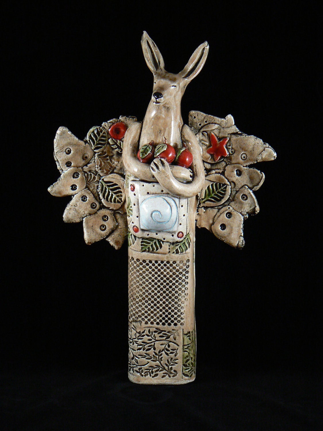 Ceramic sculpture, Rabbit-Deer Figure with Apples