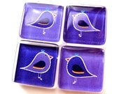 Glass tile magnets - Set of 4 Folk-art Birds in Violet