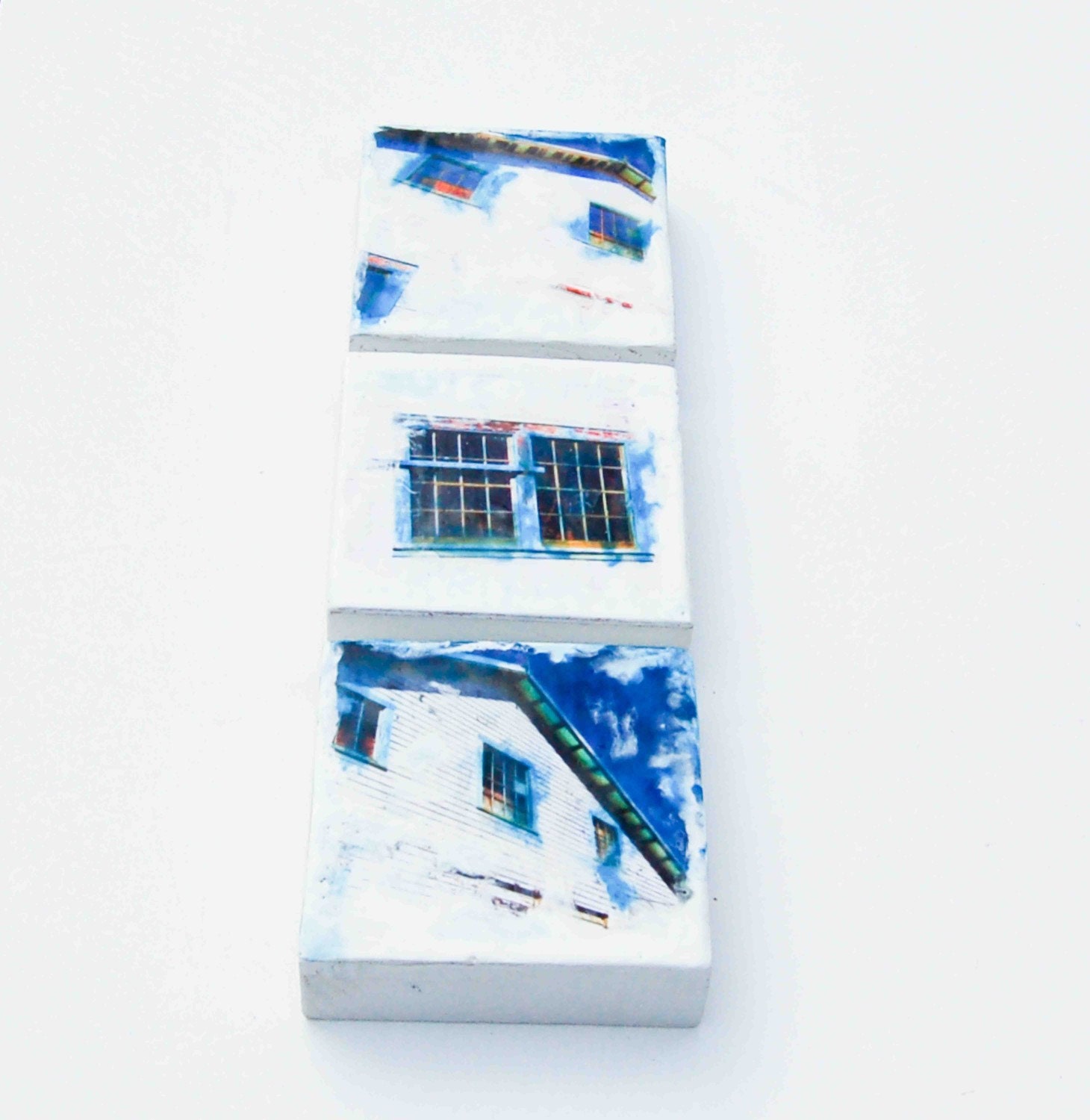 Blue WINDOWS 2 Original Encaustic Photo Paintings Summer Beach Cottage Blue & White