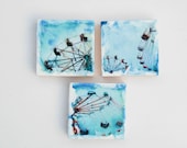 CARNIVAL 3 Original Encaustic Photo Paintings Turquoise Blue Red Vintage Style Children
