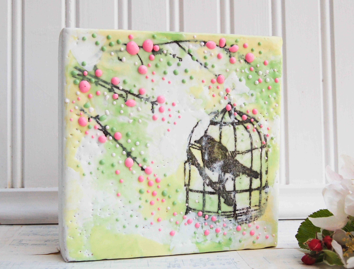 Spring Time BIRDCAGE Original Encaustic Painting
