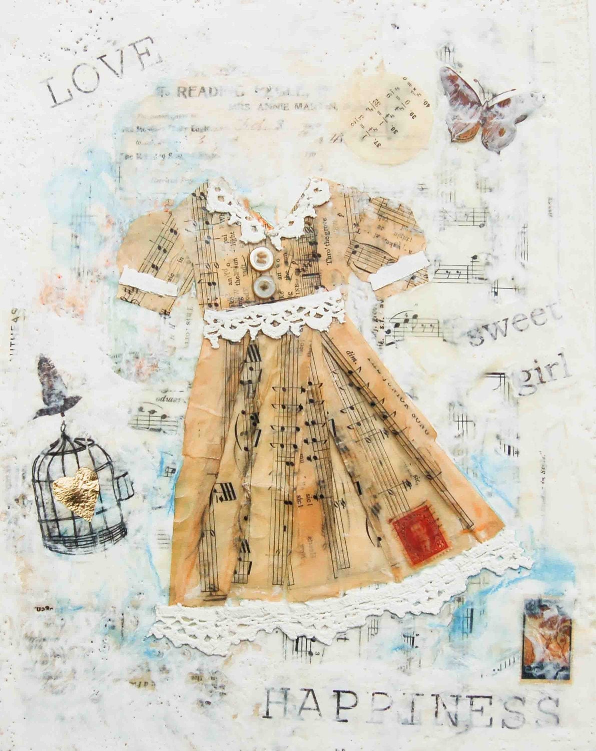 The PARTY DRESS Art Print Mixed Media Art Collage Encaustic Vintage Papers Lace Girl's Room Decor Shabby Chic