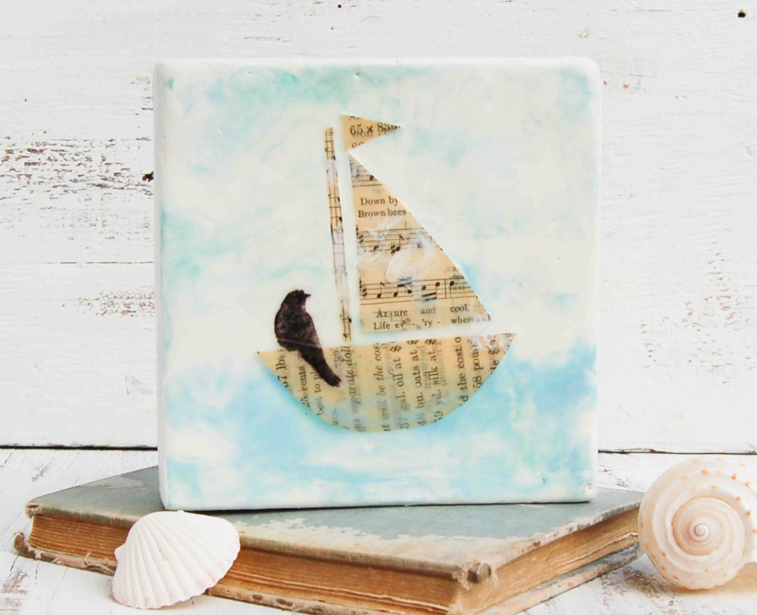 Sailing on a SONG Original Encaustic Mixed Media Painting Vintage Sheet Music Art