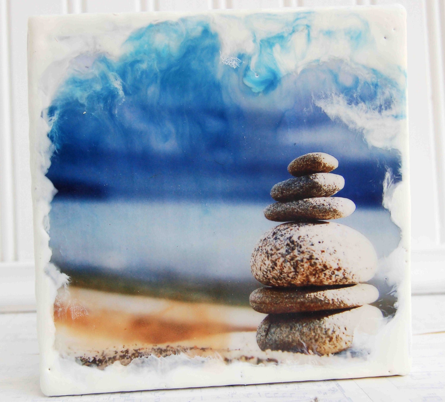 BALANCE Encaustic Photo Painting Beach Rocks Ocean Blue Sky Rain Clouds Meditation YOGA Art