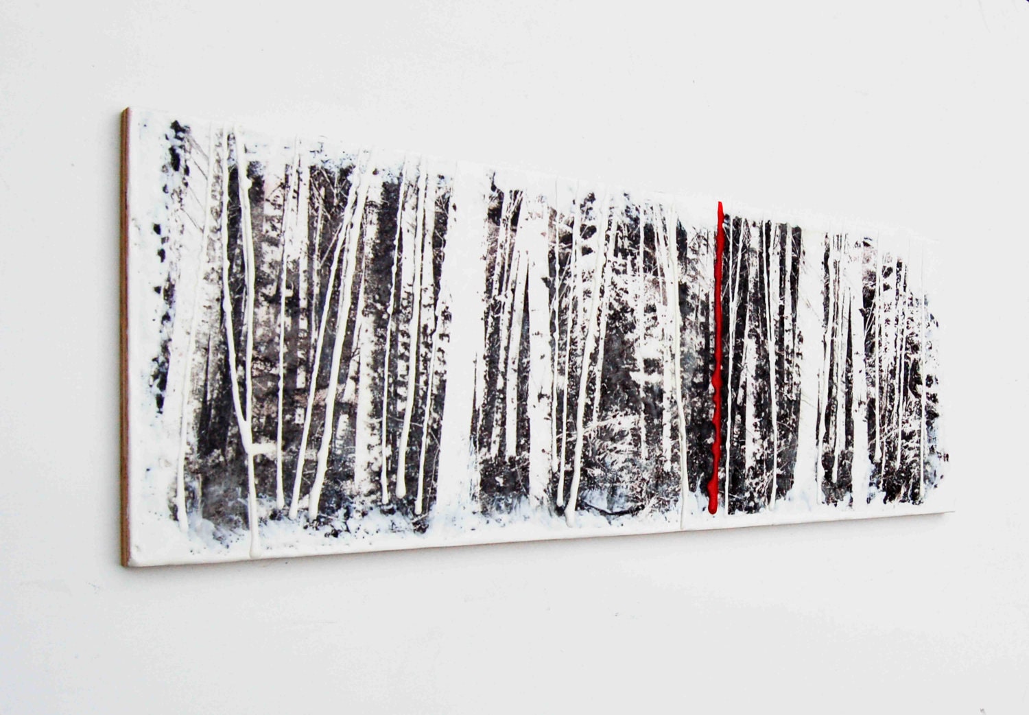 Winter Forest RED Tree  Original Encaustic Painting 24" x 10"
