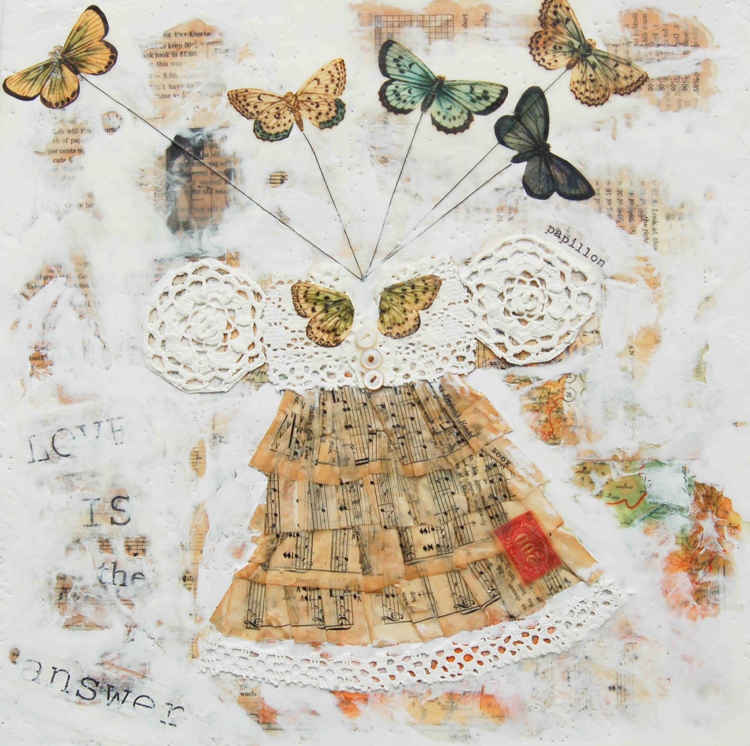 The PARTY DRESS Art Print Mixed Media Art Collage Encaustic Vintage Papers Lace Girl's Room Decor Shabby Chic