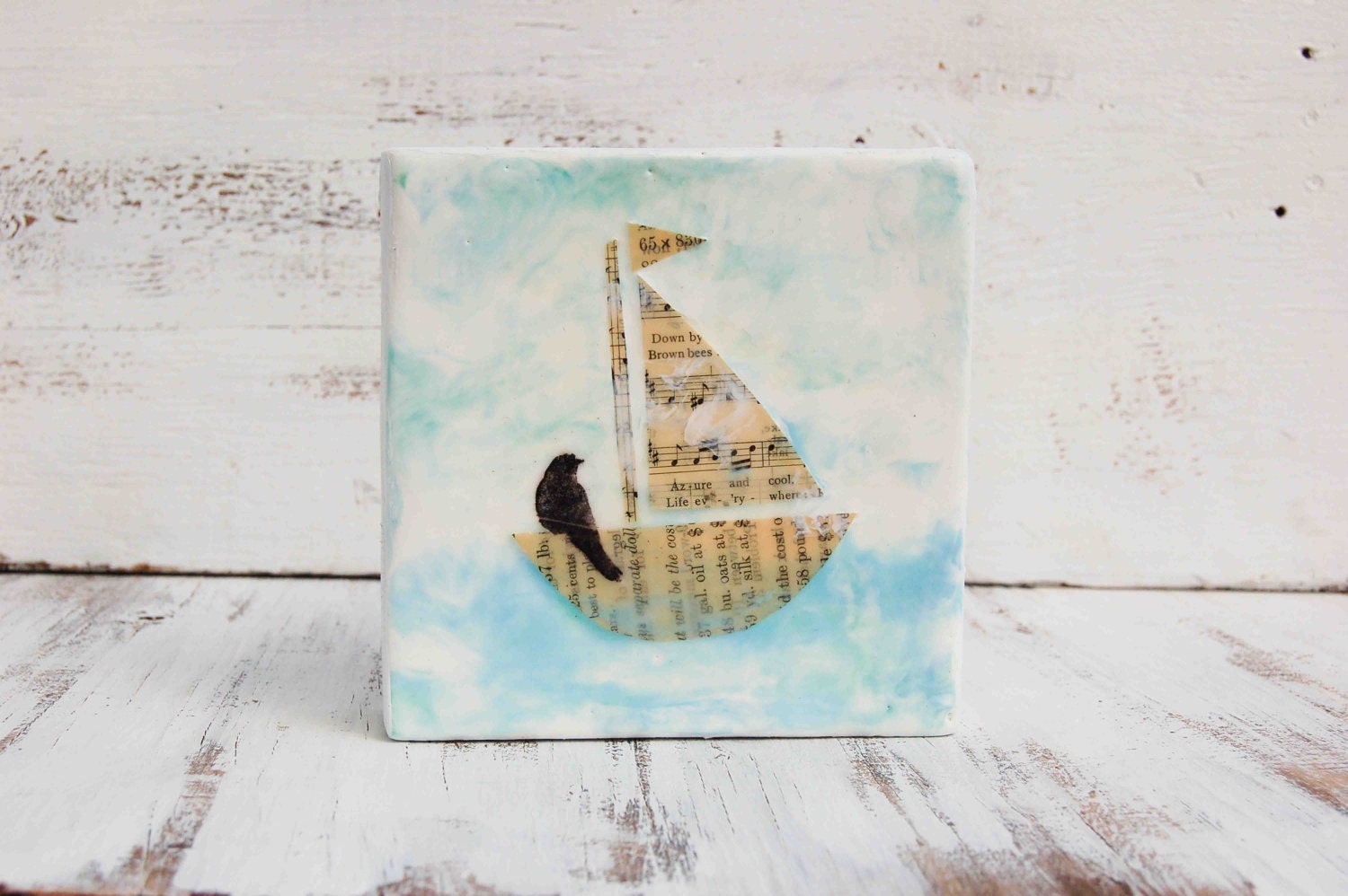 Sailing on a SONG Original Encaustic Mixed Media Painting Vintage Sheet Music Art