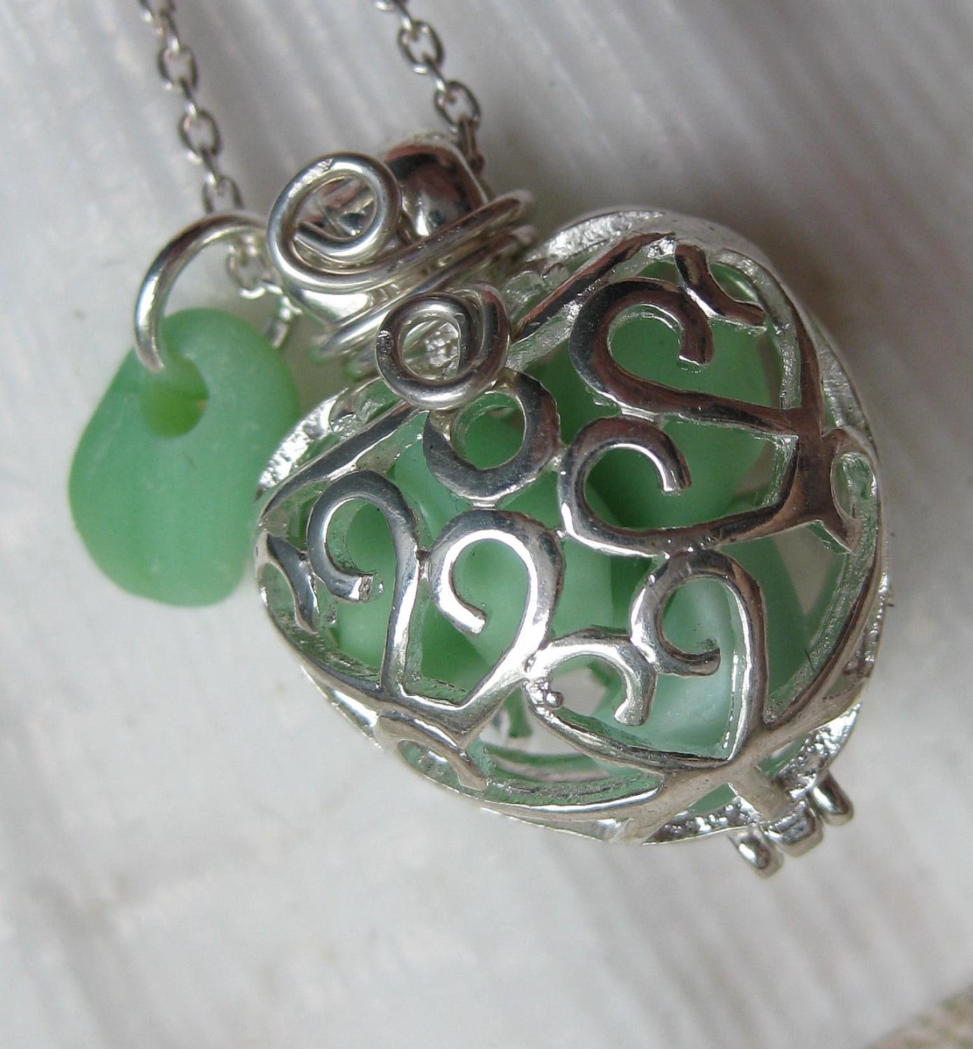 Sea Glass Necklace- Green Milk Glass Mermaids Tears Heart Locket