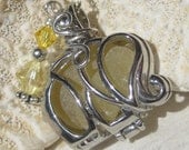Sea Glass Necklace - Elephant Locket - Yellow Sea Glass