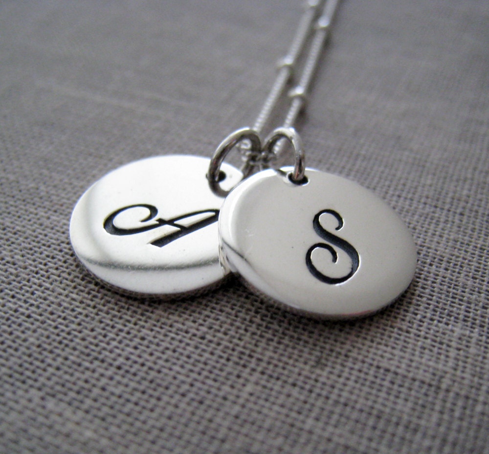 Sterling silver double initial necklace, personalized necklace, script letter disc, friendship monogram, mommy necklace