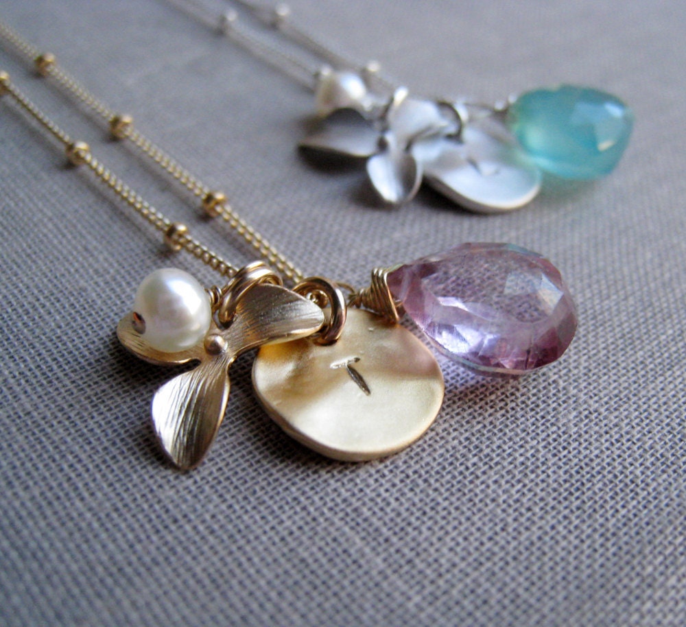 Orchid Initial necklace, Personalized bridesmaid necklace, Custom initial and birthstone charm jewelry