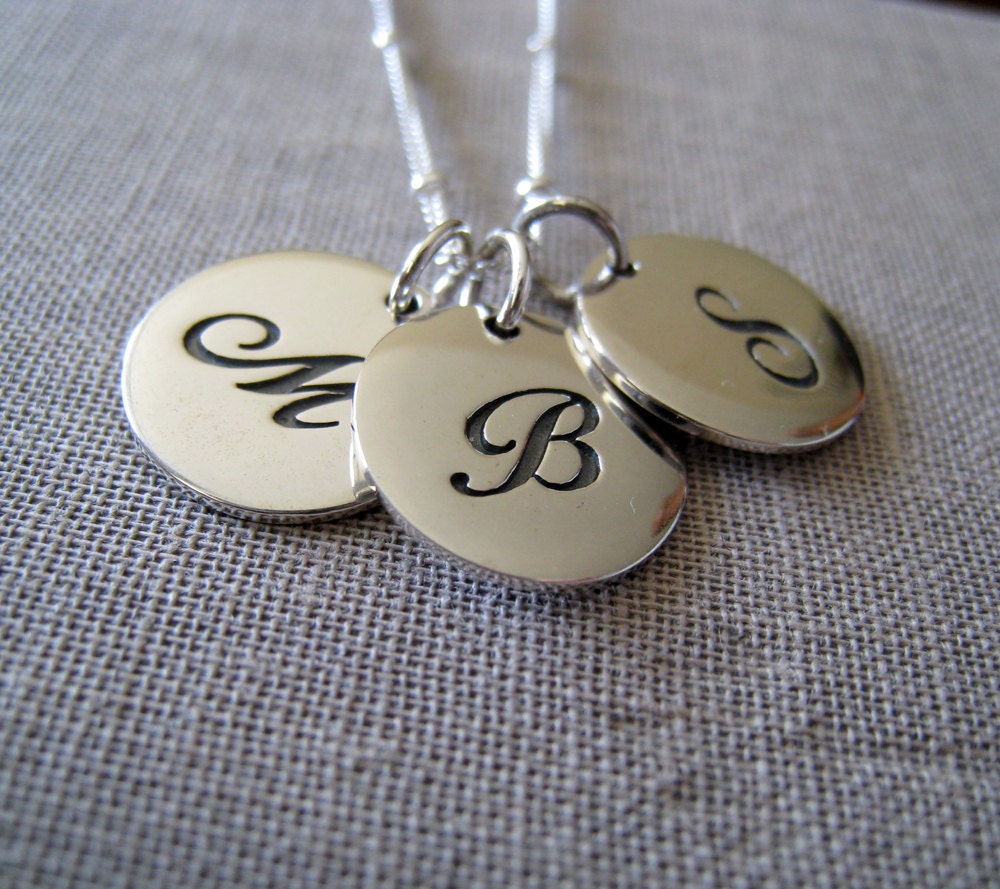three Initial necklace, 3 silver personalized discs, script letter charms, family necklace, sisters necklace, monogram jewelry