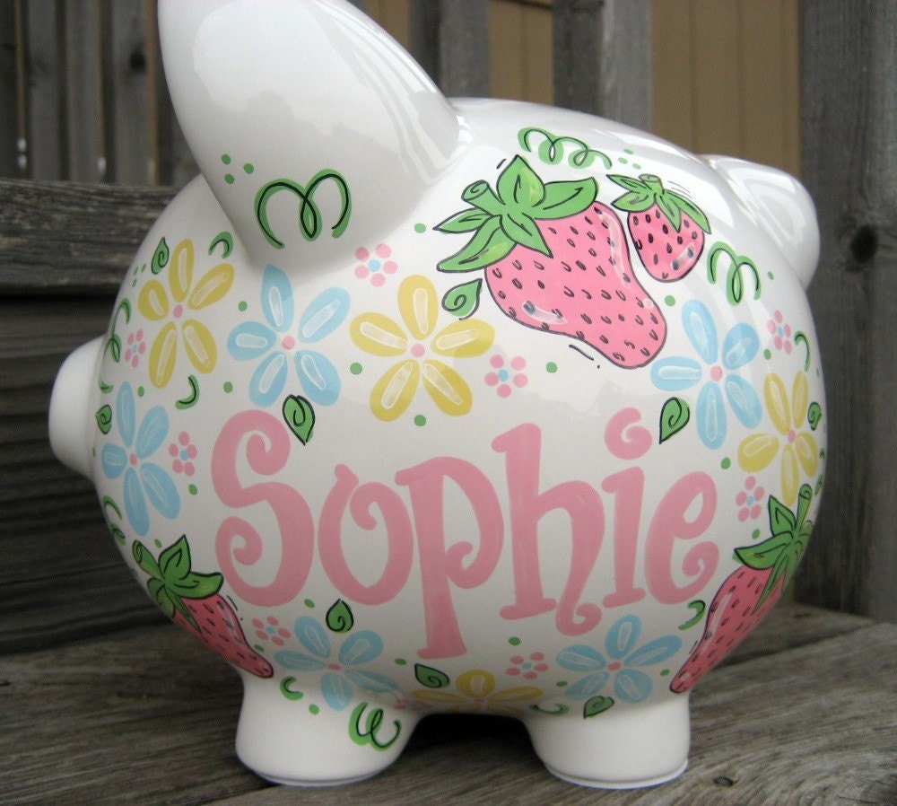 Sweet Strawberries and Flowers Large Personalized Piggy Bank