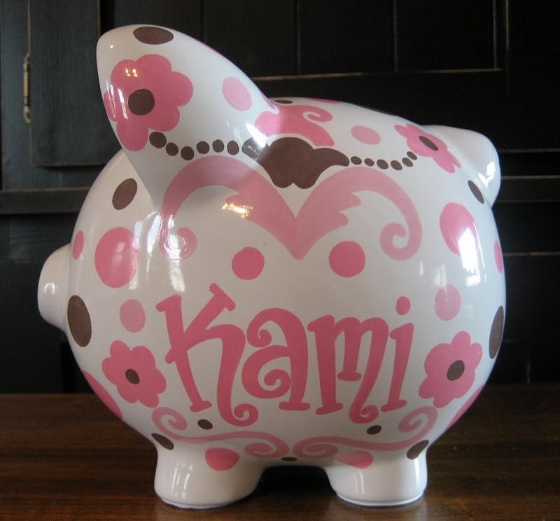 Scrolls and Polka Dots, Pink and Brown Large Personalized Piggy Bank