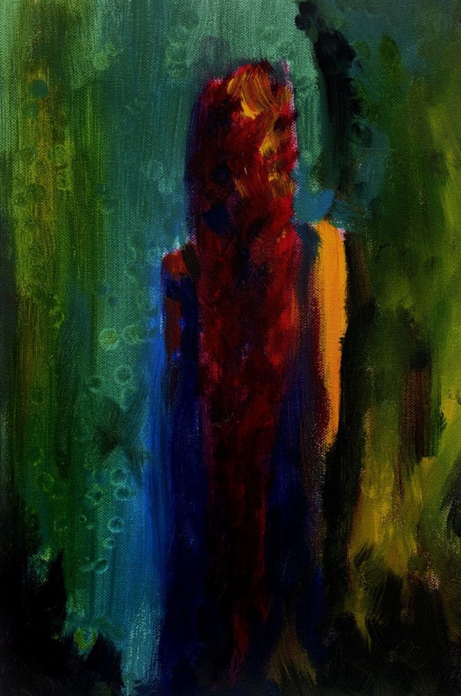 Woman in Color 8x10 Archival Print-SIGNED- art, painting, acrylic, blue, green, red, hair, abstract, solitude, portrait