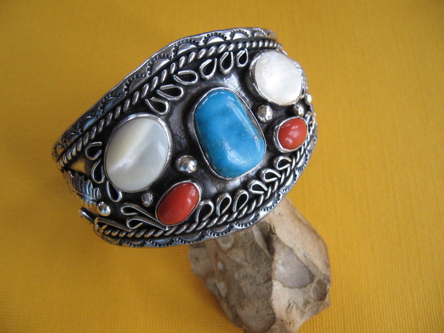 Vintage Sterling Multi Stone Turquoise Navajo Cuff Bracelet