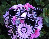 Pink Black Bridal Wedding Bouquet Buttons Beads Satin and Lace