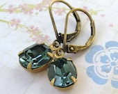 Vintage Rhinestone Earrings Swarovski Crystal Indian Sapphire Antiqued Brass