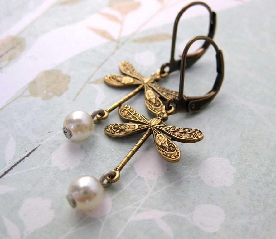 Dragonfly Pearl Earrings. Vintage Glass Faux Pearls, Antiqued Brass