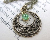 Charm Necklace Vintage Rhinestone Peridot Antiqued Brass