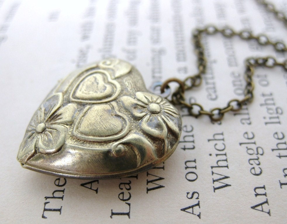 Vintage Locket Necklace Heart Flowers Antiqued Brass Jewelry Two Hearts