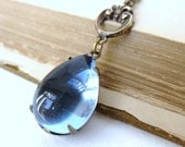 Vintage Rhinestone Necklace Sapphire Jewel Antiqued Brass Teardrop Estate Style