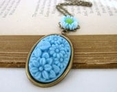 Vintage Flower Necklace Pendant Sky Blue Antiqued Brass Filigree