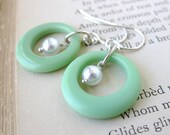 Vintage Glass Bead Earrings Sterling Silver Glass Pearl Mint Green Rings. Groovy
