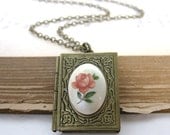 Vintage Book Locket Necklace Rose Flowers Pink Ivory Antiqued Brass