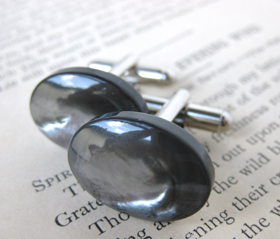 Grey Pearl Cufflinks Vintage Mother of Pearl Silver Oval Cuff Links