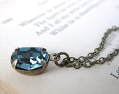Vintage Swarovski Rhinestone Necklace Sapphire Crystal Jewel Pendant Antiqued Brass