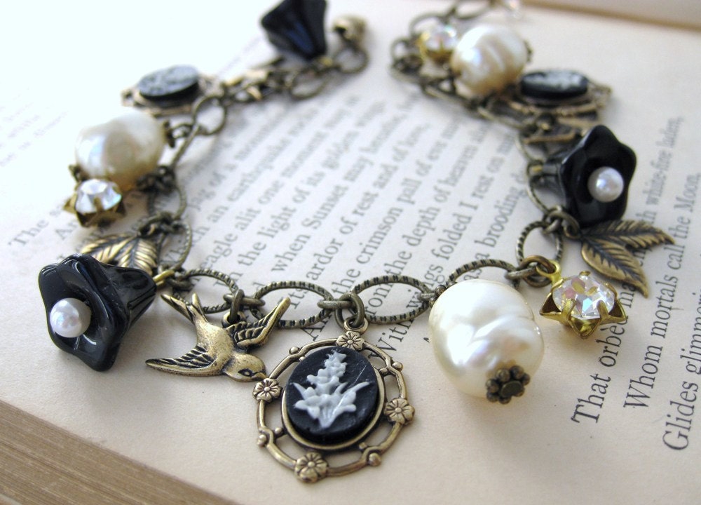 Vintage Charm Bracelet Pearls Rhinestones Flowers in Antiqued Brass Black Tie