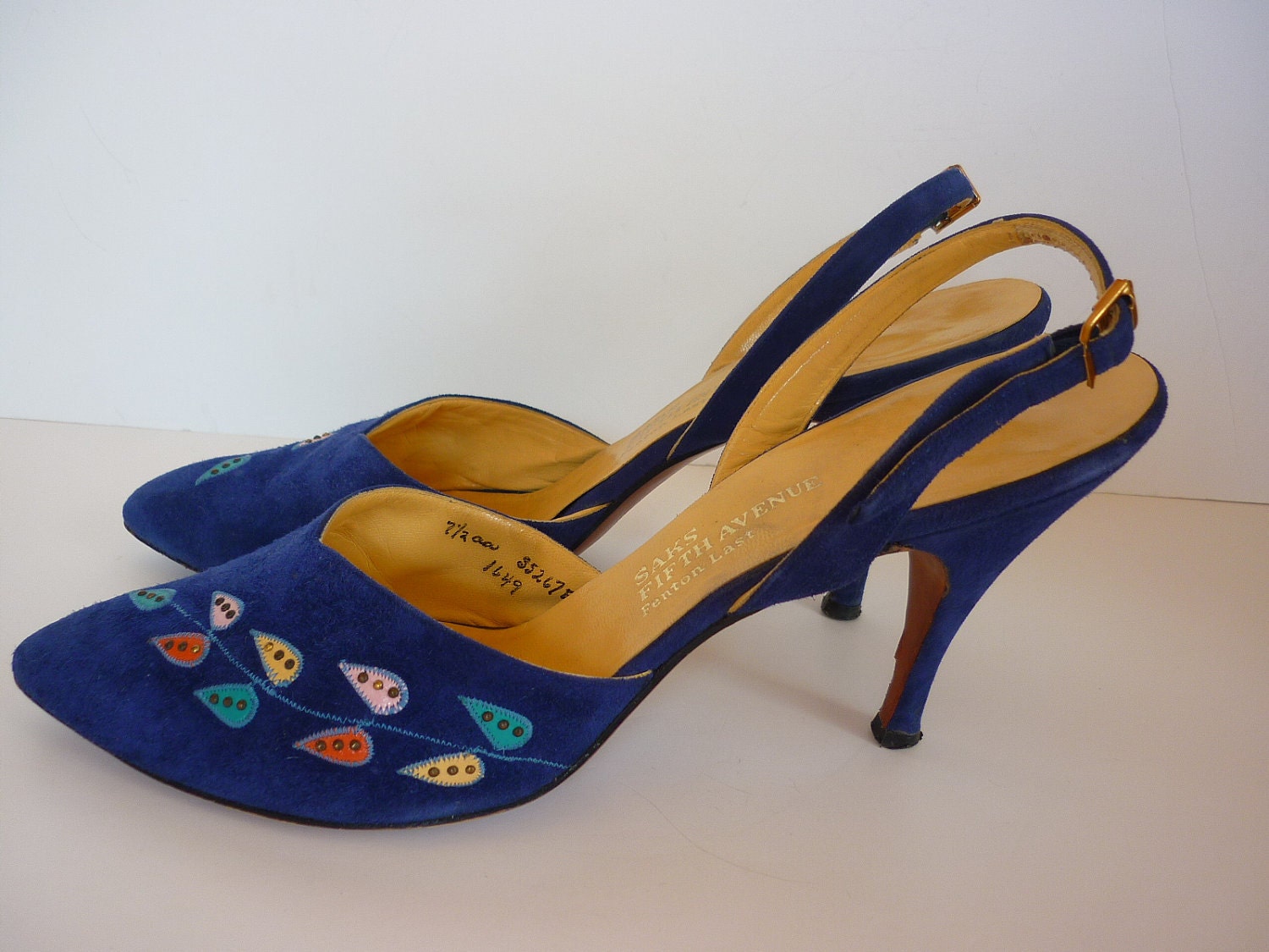 50s 60s Blue Suede Shoes Pointy toe Stiletto Slingback SAKS 5th Ave SZ 7.5N