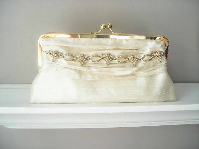 Sabrina Bridal Dupioni Silk Clutch in Ivory with Vintage Rhinestone Jewelry Ready to Ship