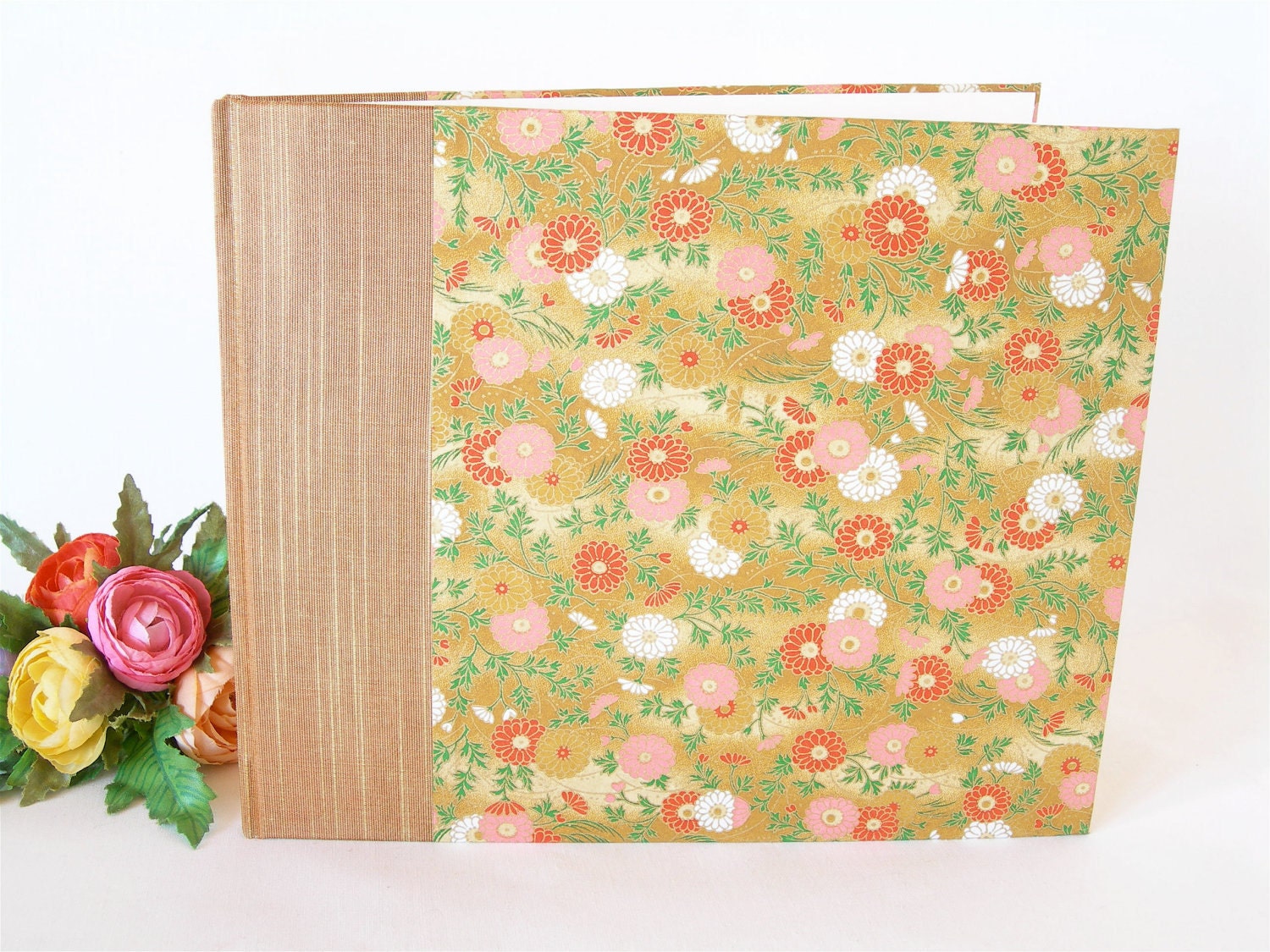 Wedding guest book lined (8x9) warm gold with chrysanthemums