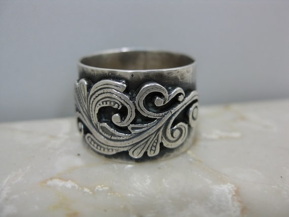 Ring - Wide Silver Hammered Band with Silver Filigree Design