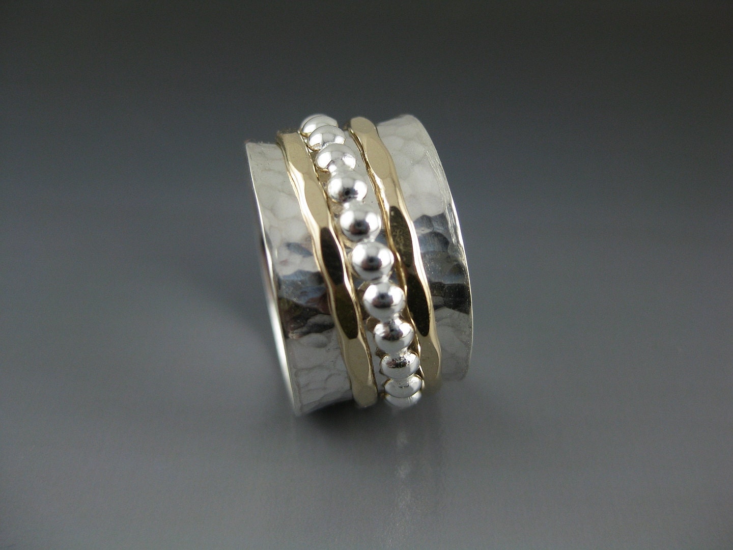 Silver Spinner Ring with Two Gold-Filled Hammered and One Silver Beaded Spinner