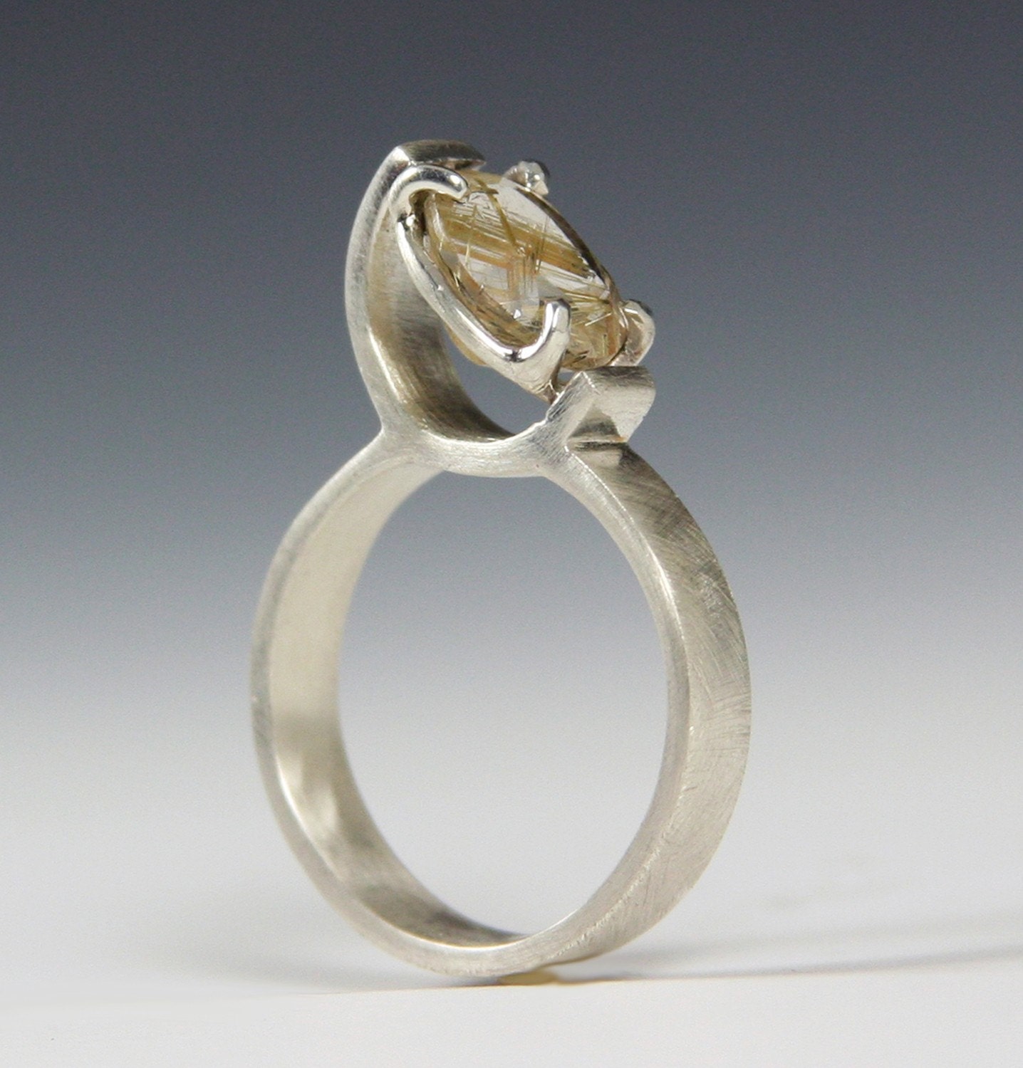 Rutilated Quartz Engagement Ring Solitaire Modern Recycled Sterling Silver