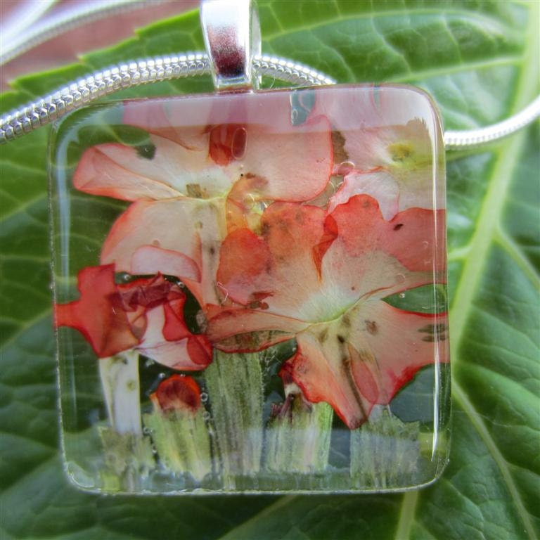 Pressed Coral  Verbena Pendant/Necklace. Real flowers behind hand cut 1 inch square glass.