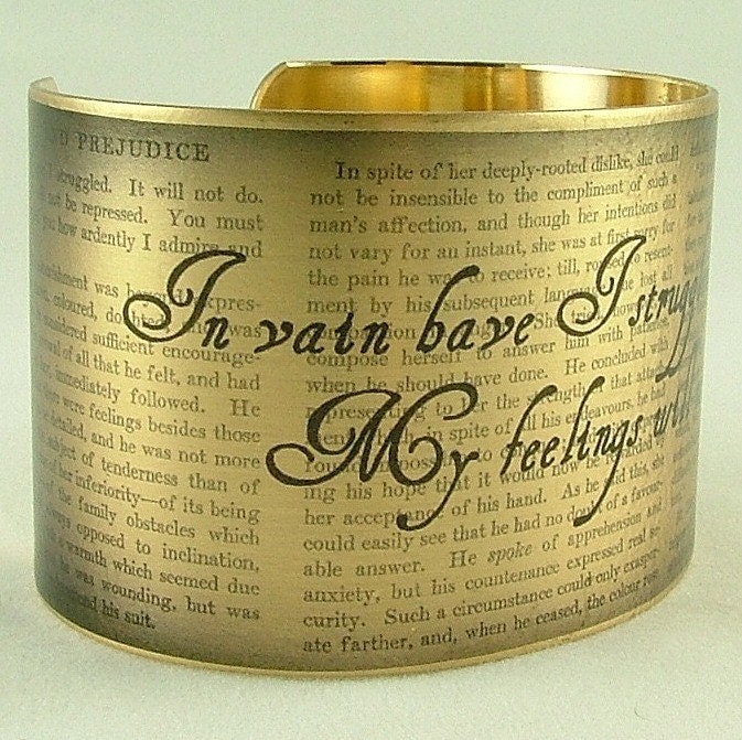 Cuff Bracelet Brass Pride and Prejudice by Jane Austen Jewelry Literary Mr Darcy In Vain