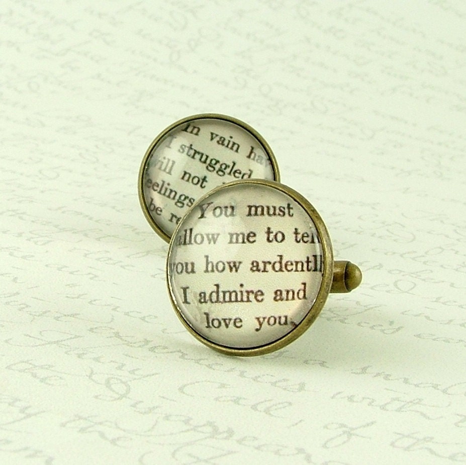 Jane Austen Literary Lovers Book Cufflinks 'Pride and Prejudice' - How Ardently I Admire and Love You