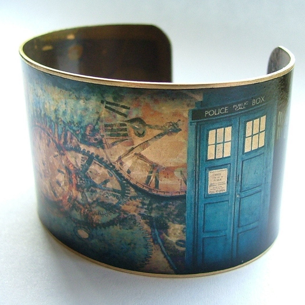 Steampunk Doctor Who Time Traveling Brass Cuff Bracelet